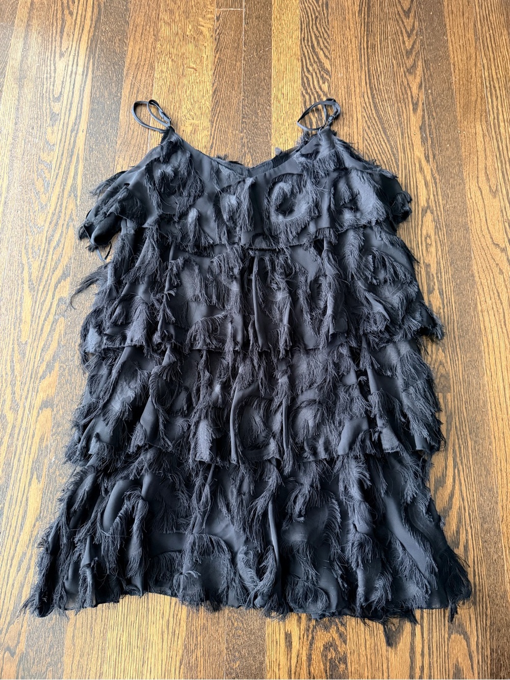 Waverly Grey Black Textured Fringe Spaghetti Strap Women's Mini dress small
